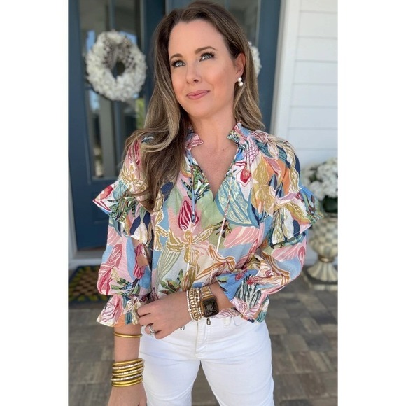 THML Tops - THML Tropical Floral Ruffle Sleeve Smock Neck Blouse WCT2608-1-CR